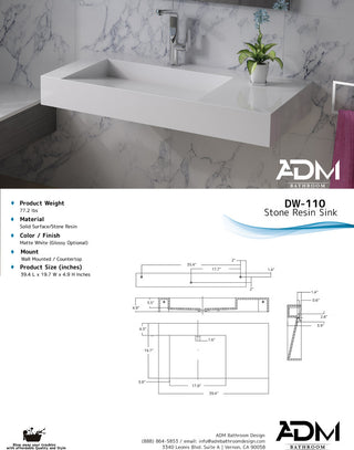 ADM Rectangular Wall Mounted Sink, White, 39", Matte 23" Left
