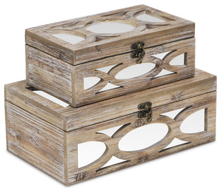 Wooden Mirrored Boxes, Distressed Wood, Set of 2