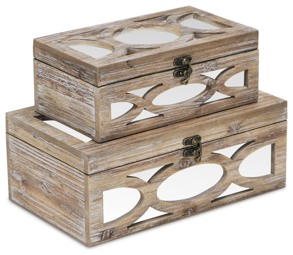 Wooden Mirrored Boxes, Distressed Wood, Set of 2