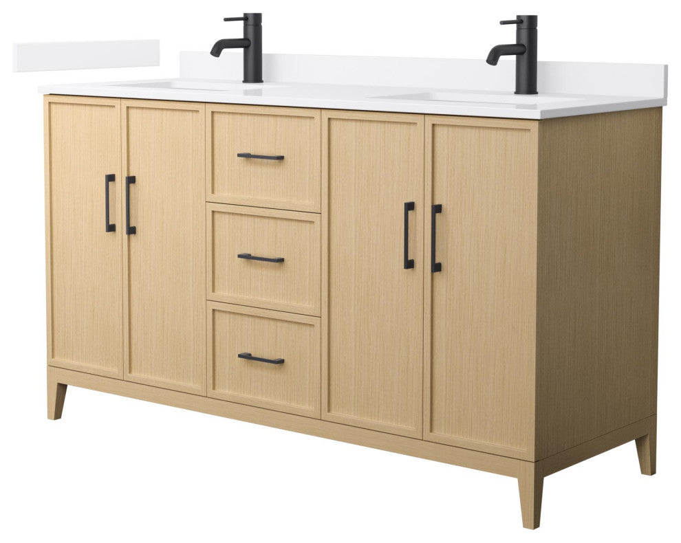 Elan 60" Double Vanity, White Oak, White Quartz Top, 1-Hole, Black Trim
