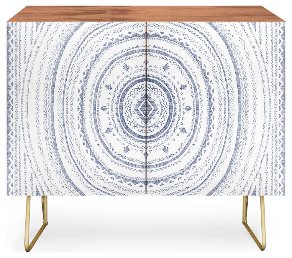 Deny Designs Blue Circle Credenza, Walnut, Gold Steel Legs