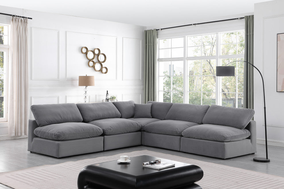 Comfy Upholstered L-Shaped Modular Sectional, Grey, 5-Piece: 4 Armless Chair, 1 Corner Chair, Velvet