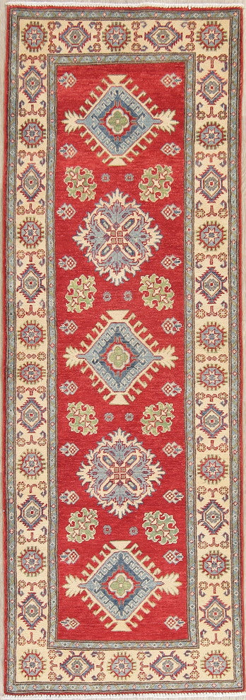 Pakistani Kazak Oriental Traditional Wool Hand Made Runner Rug, Red, 7'11"X2'9"