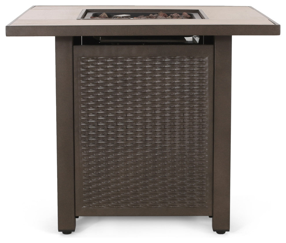 Larry Outdoor 40,000 BTU Iron Square Fire Pit, Dark Brown/Brown Wood Grain