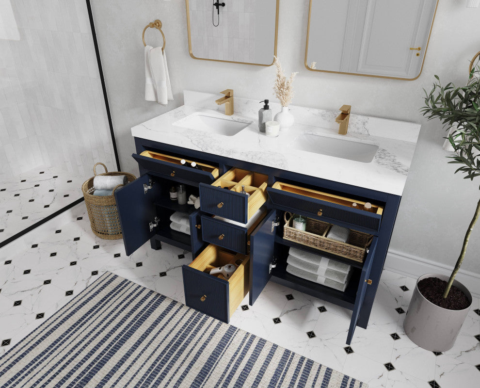 Sonoma 60 Double Sink Reeded Bathroom Vanity in Hale Navy Blue 2" White Quartz