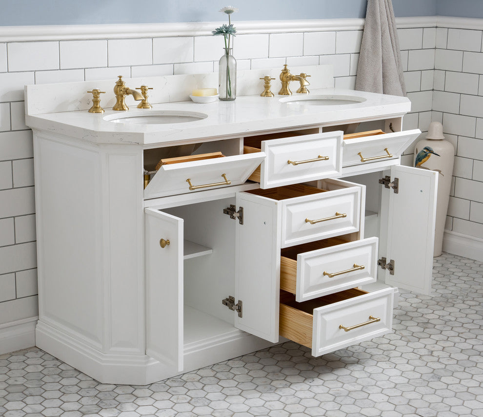60" Palace Quartz White Vanity With Brass Hardware, Faucets and Chrome Mirrors