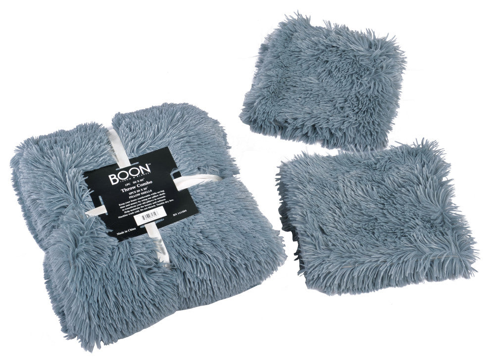 Shaggy Throw Blanket and 2 Pillow Shell 3 Piece Set, Silver Blue, Throw 60"x80" and 2 Pillow Shells 20"x20"
