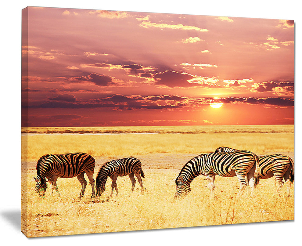 "Zebras Grazing Together At Sunset" Modern Landscape Wall Art Canvas, 20"x12"