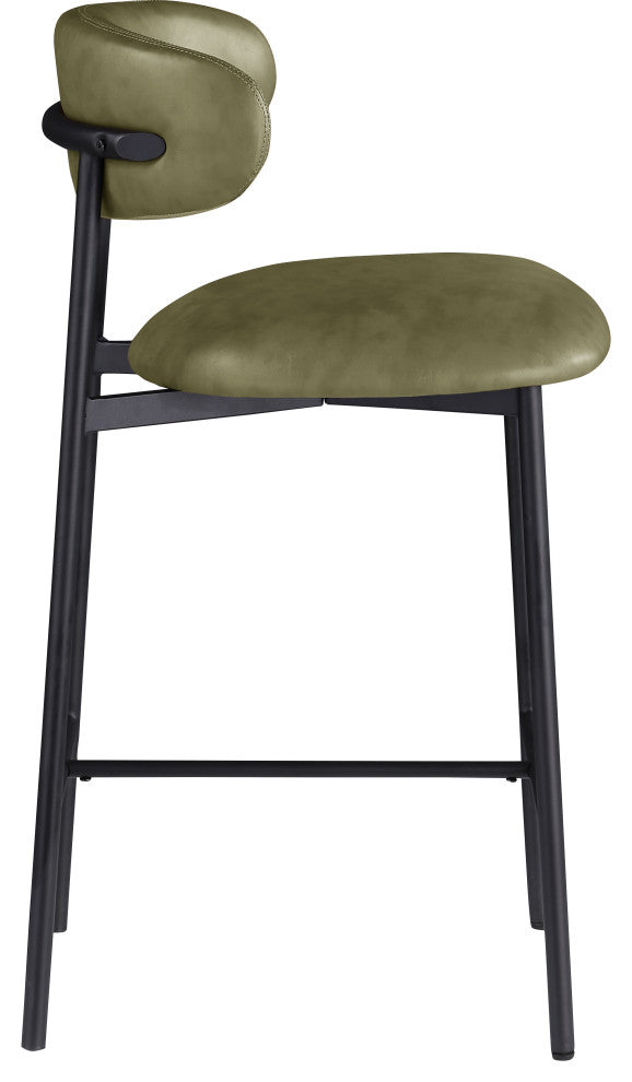 Lupita Upholstered Counter Stool, Olive, Vegan Leather, Matte Black, Set of 2