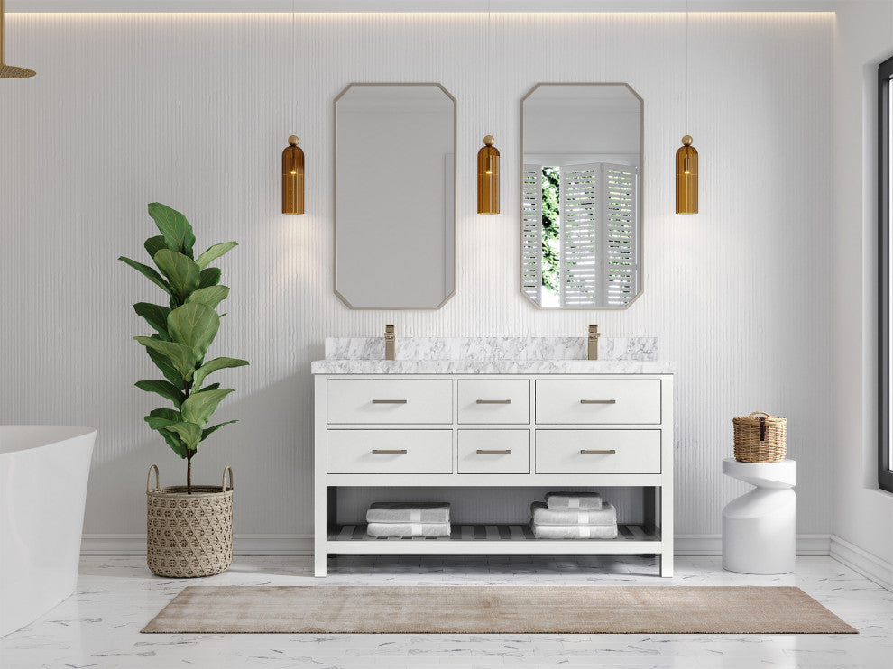 Parker 60 Double Sink Bathroom Vanity in White 2" Carrara Marble