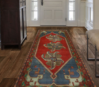 Fine Vintage Distressed Caroline Red/Navy Runner, 4'10x10'2