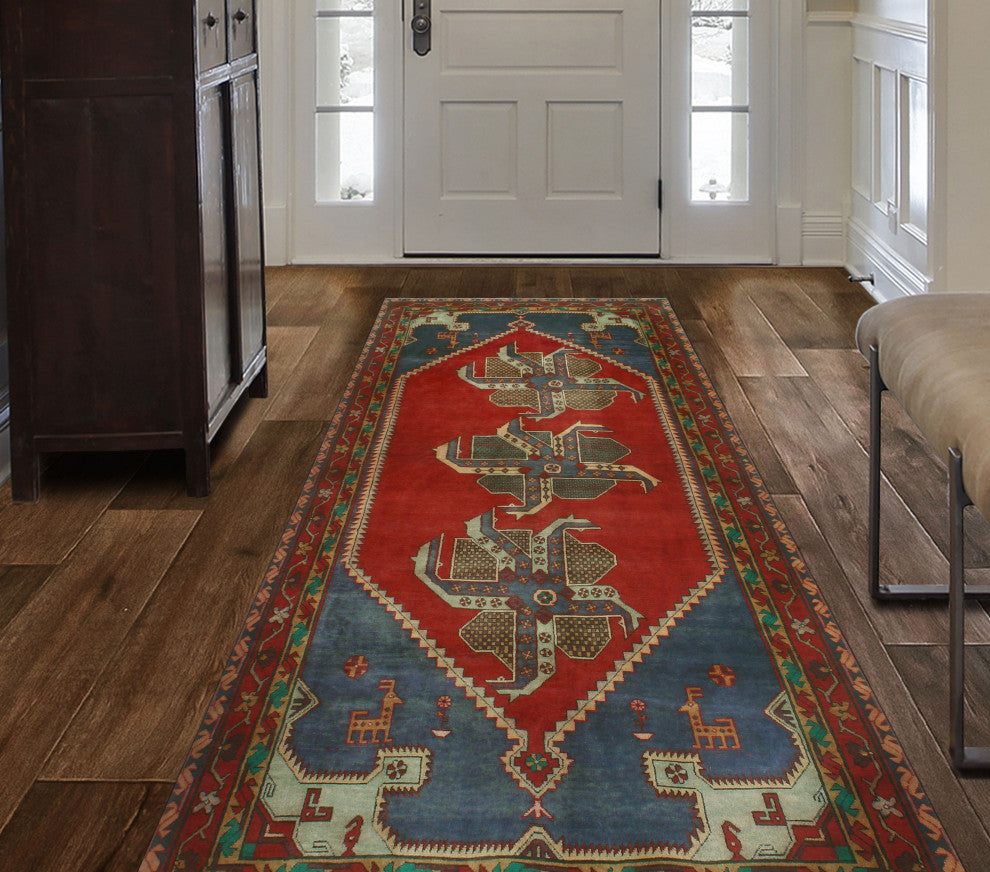 Fine Vintage Distressed Caroline Red/Navy Runner, 4'10x10'2