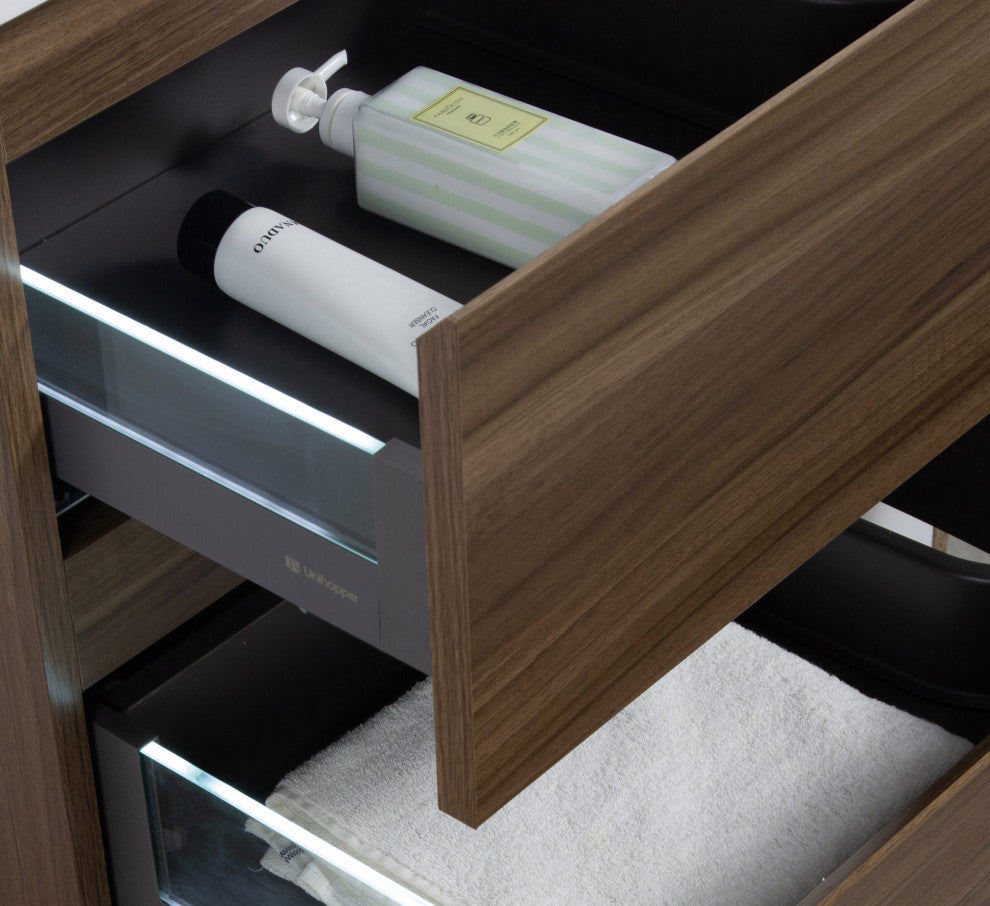 Aurora Wall Mount Vanity, White Acrylic Top, Smokey Walnut, 36"