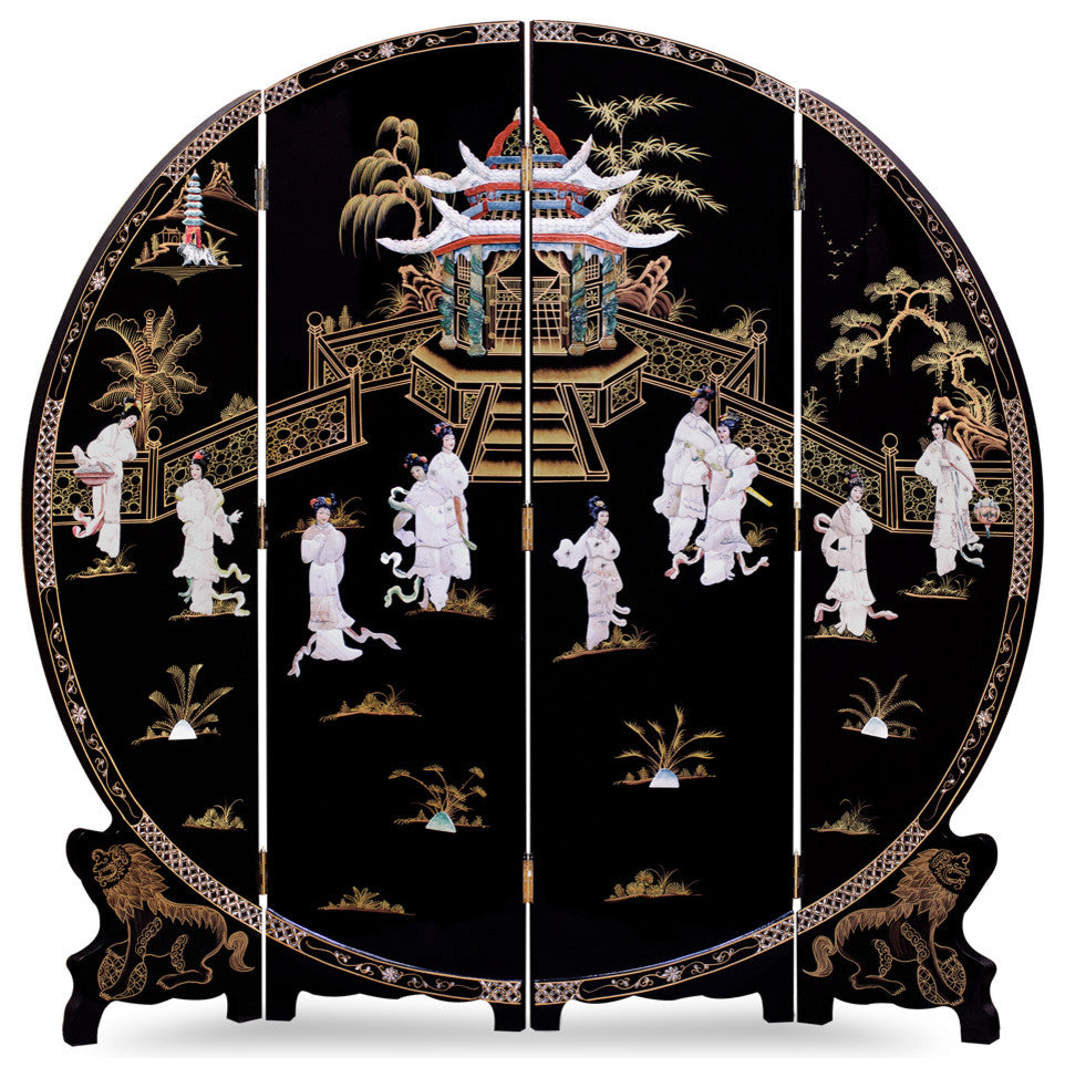 Black Lacquer Mother of Pearl Chinese Round Floor Screen