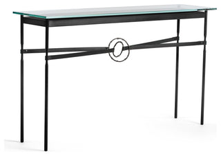 Equus Console Table, Black Finish - Dark Smoke Accents - Black Leather Strap