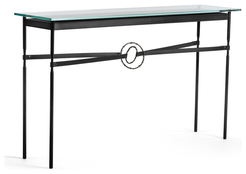 Equus Console Table, Black Finish - Dark Smoke Accents - Black Leather Strap