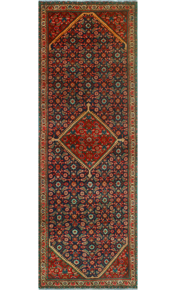 Fine Vintage Distressed Nestor Navy/Red Runner, 3'7x10'3