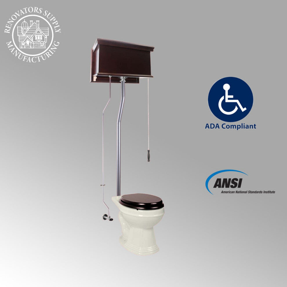 Dark Oak High Tank Pull Chain Toilet with Elongated Bowl and Satin L-Pipe