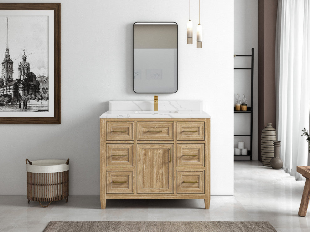 Santa Monica 42 Single Sink Bath Vanity in Whitewashed Teak 1.5" White Quartz