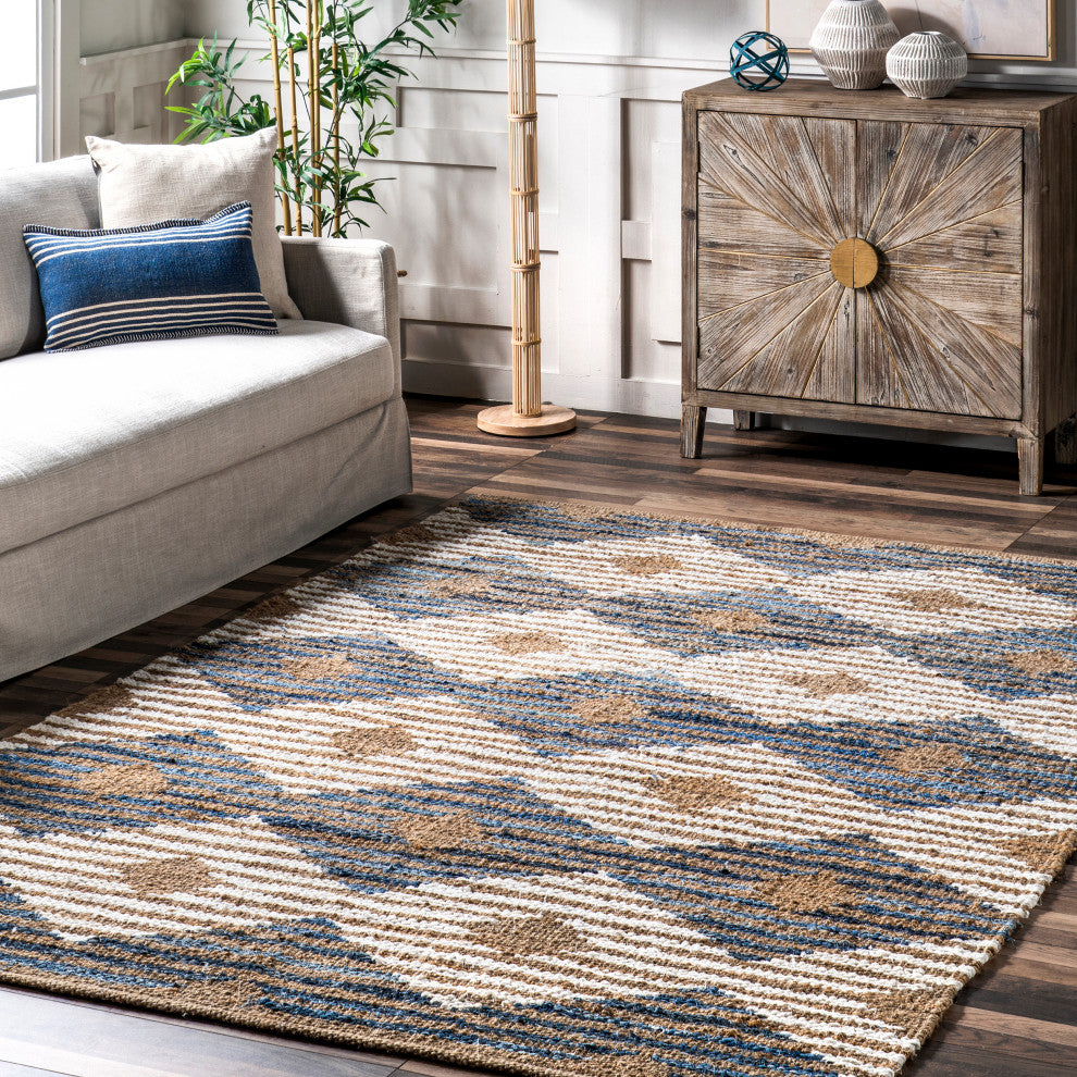 Nuloom Hand Braided Denim and Jute Striped Diamonds Area Rug, Off White 4'x6'