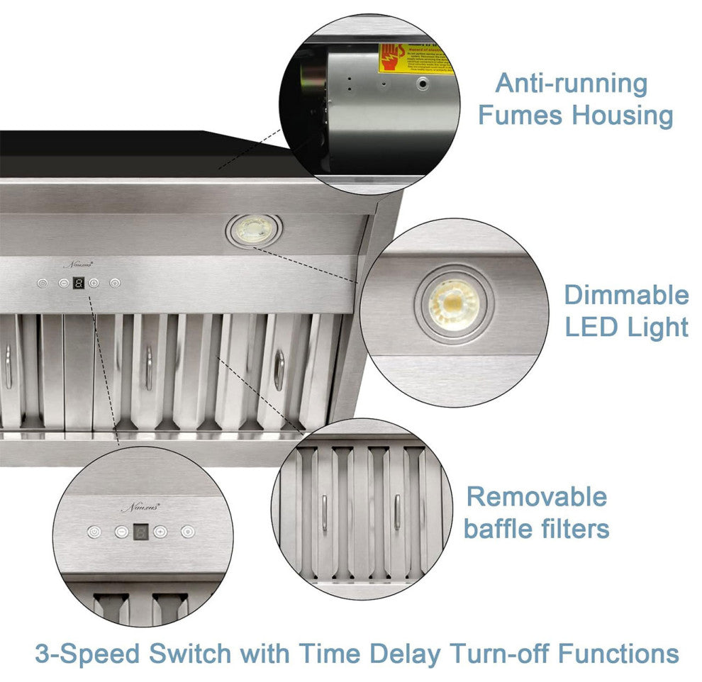 30" Insert/Built-in Stainless Steel Range Hood, Dimmable, 3-Speeds 600CFM, Cool White