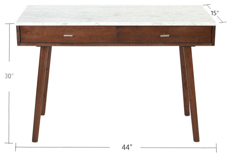 Viola 44" Rectangular Italian Carrara White Marble Writing Desk, Walnut, 15"