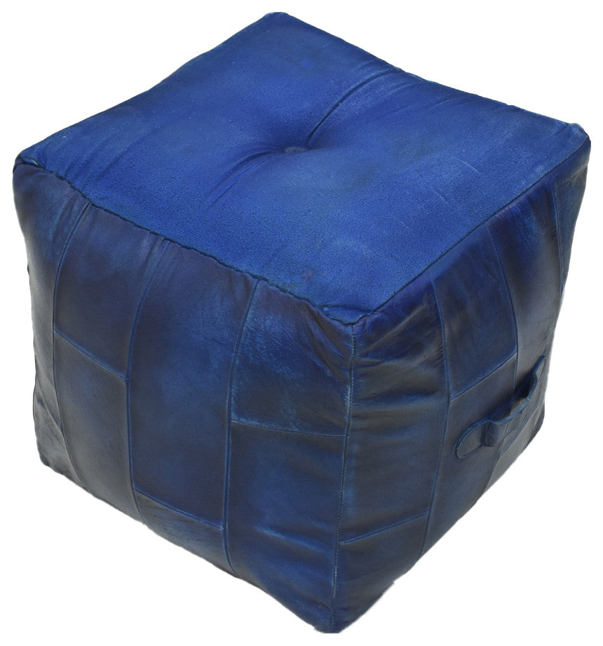 Geometric Handmade Leather Pouf (Recycled Foam with Fibre Fill) Black, [Square]16x16x16