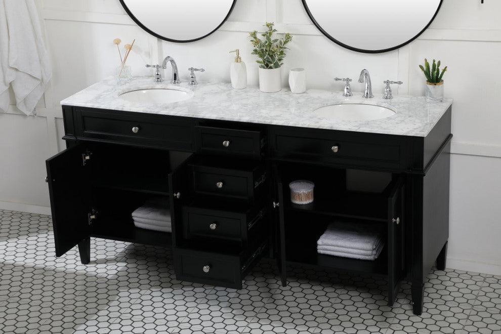 Home Living Vanity with Carrara White Marble Countertop, Black, 72", Double Sink