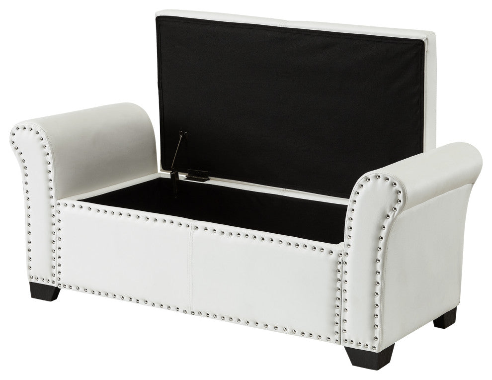 Veber PU Leather Nailhead Trim Storage Ottoman Bench, Ivory