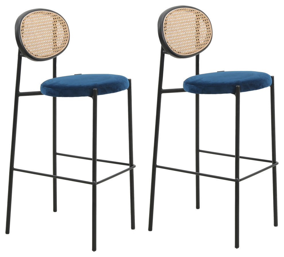 LeisureMod Euston Wicker Bar Stool With Black Steel Frame Set of 2, Navy Blue