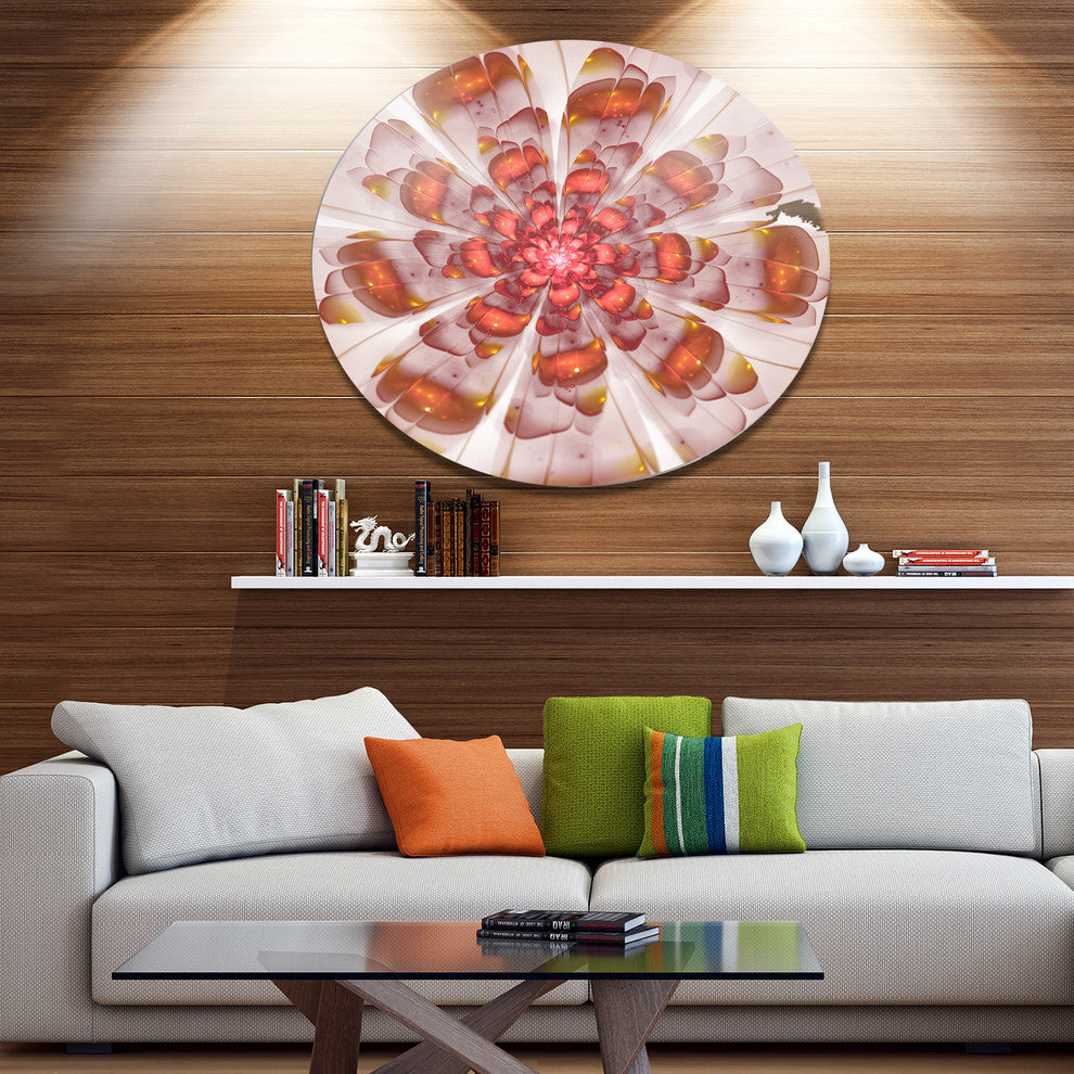 White Brown Fractal Flower, Modern Floral Disc Metal Artwork, 23"