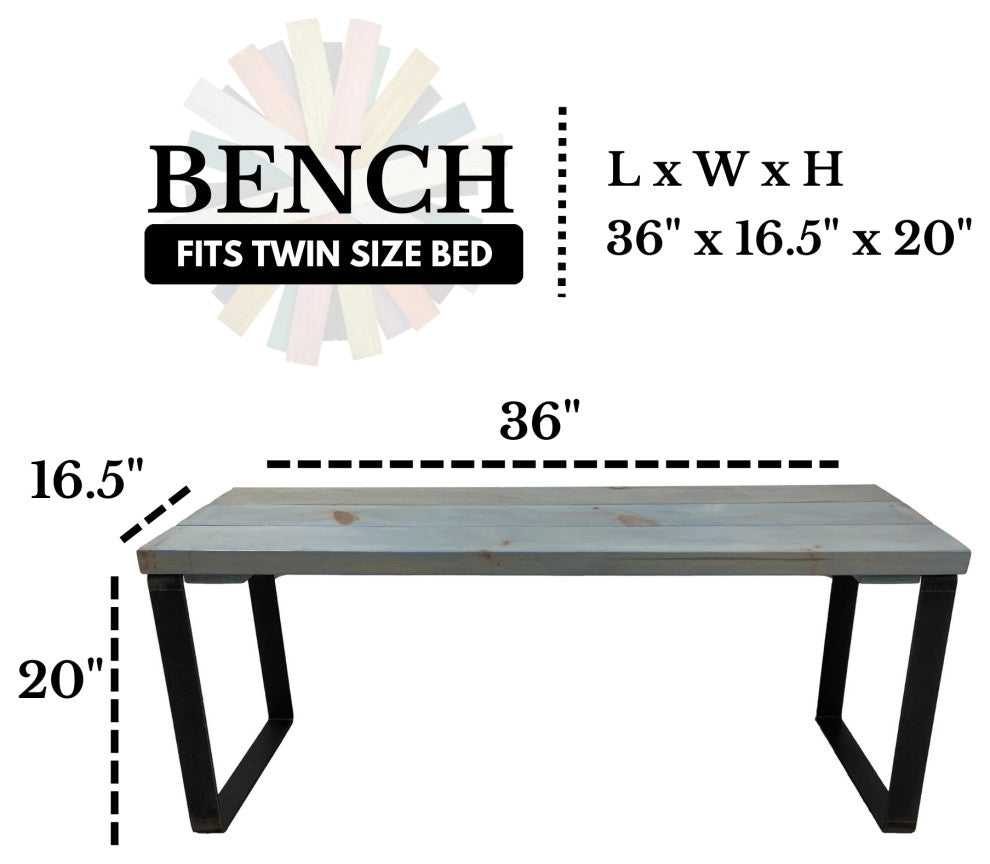 Bedroom or Entryway Bench, Heavy Duty Industrial Metal Legs, Celeste, Length 36", Fits Twin Bed