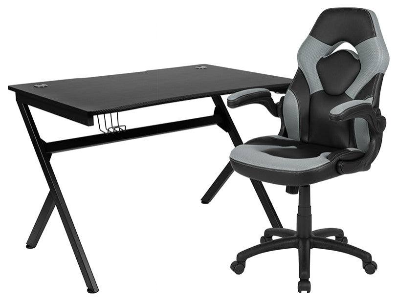 Gaming Desk & Gray Racing Chair Set w/Cup Holder, Headphone Hook & 2 Wire Holes