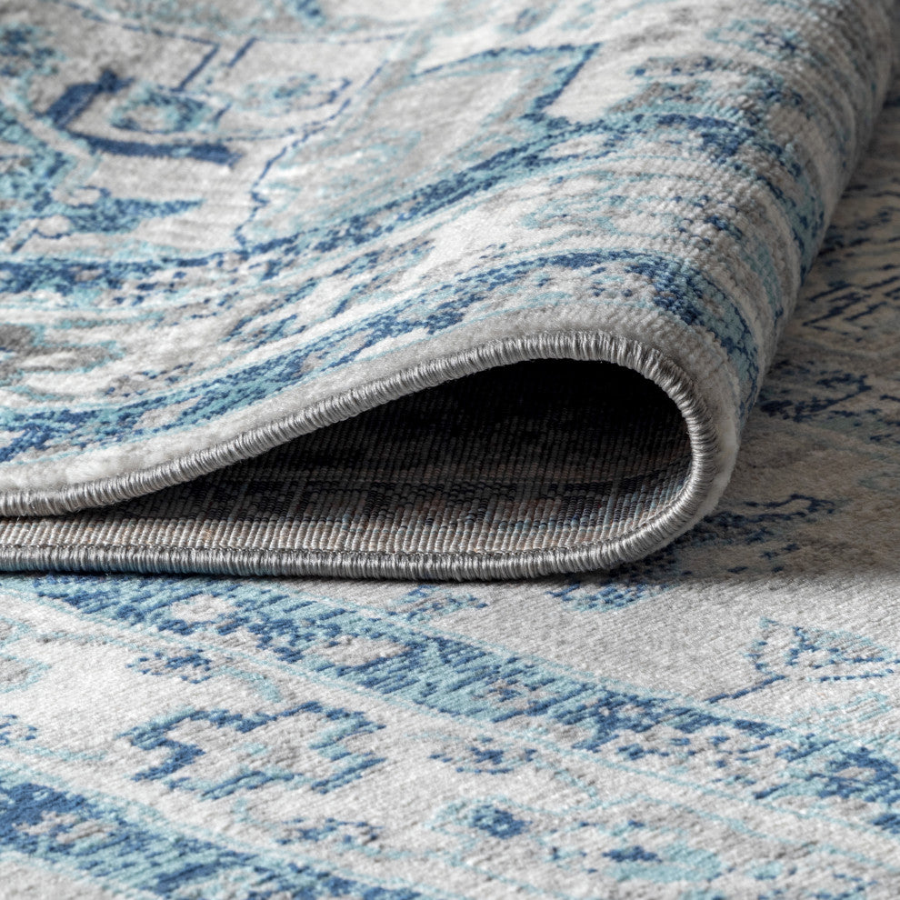 Modern Persian Vintage Medallion Light Grey/Blue 2' x 8' Runner Rug