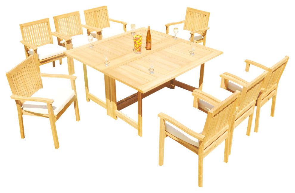9-Piece Outdoor Teak Set: 60" Square Butterfly Table, 8 Leveb Stacking Arm Chair
