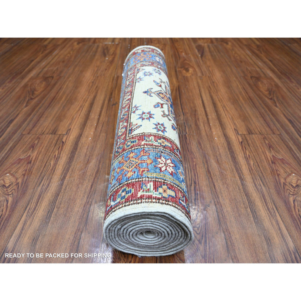 Ivory Hand Knotted Afghan Super Kazak Vibrant Wool Runner Rug 2'7"x12'10"