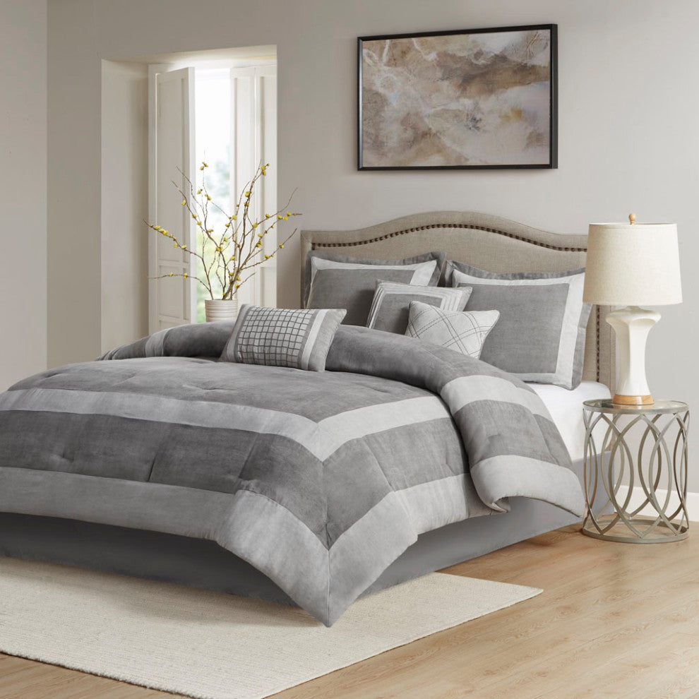 Madison Park Dax Microsuede Colorblock 7-Piece Comforter Set, Grey, King