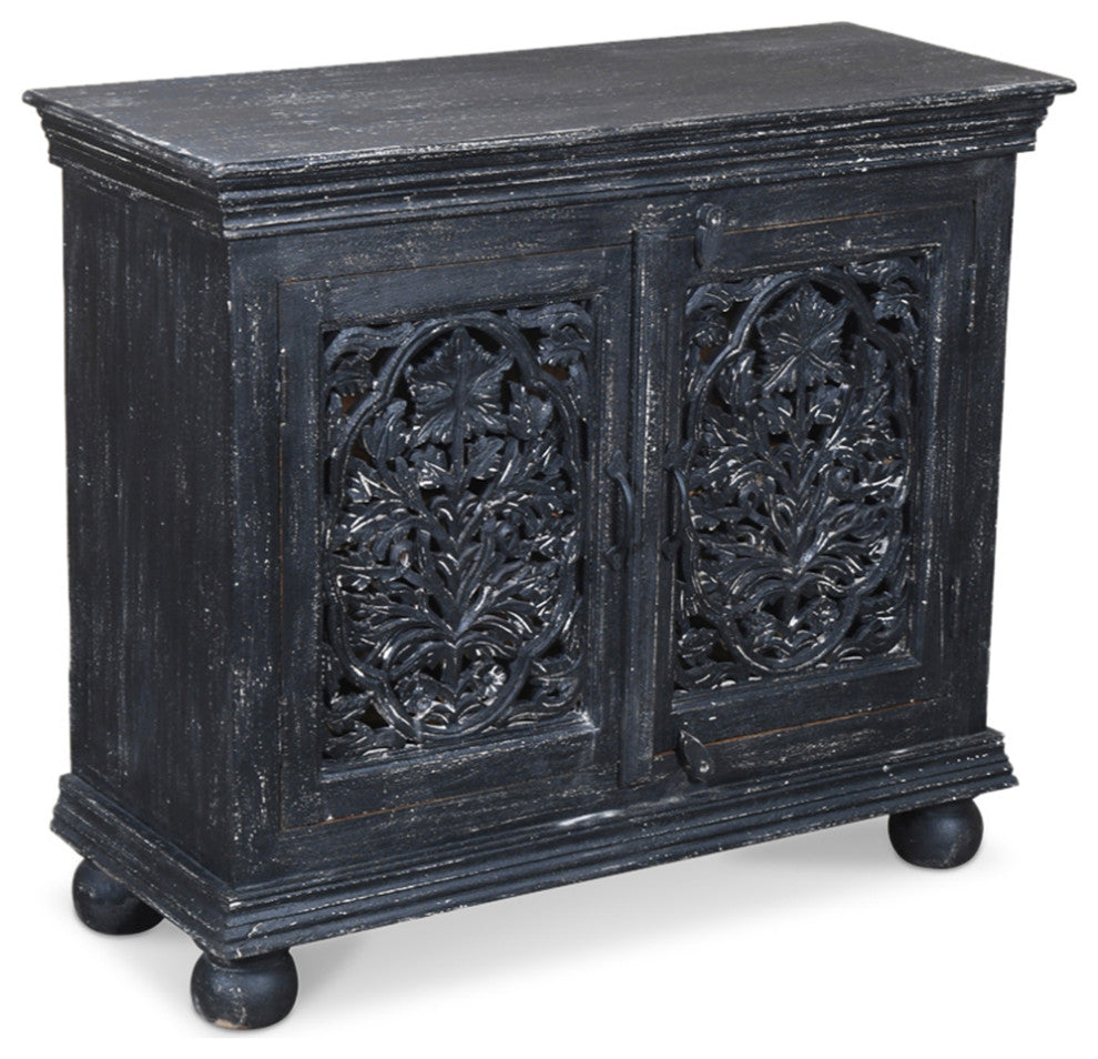 Luna Black Hand Carved 2 Door Accent Cabinet