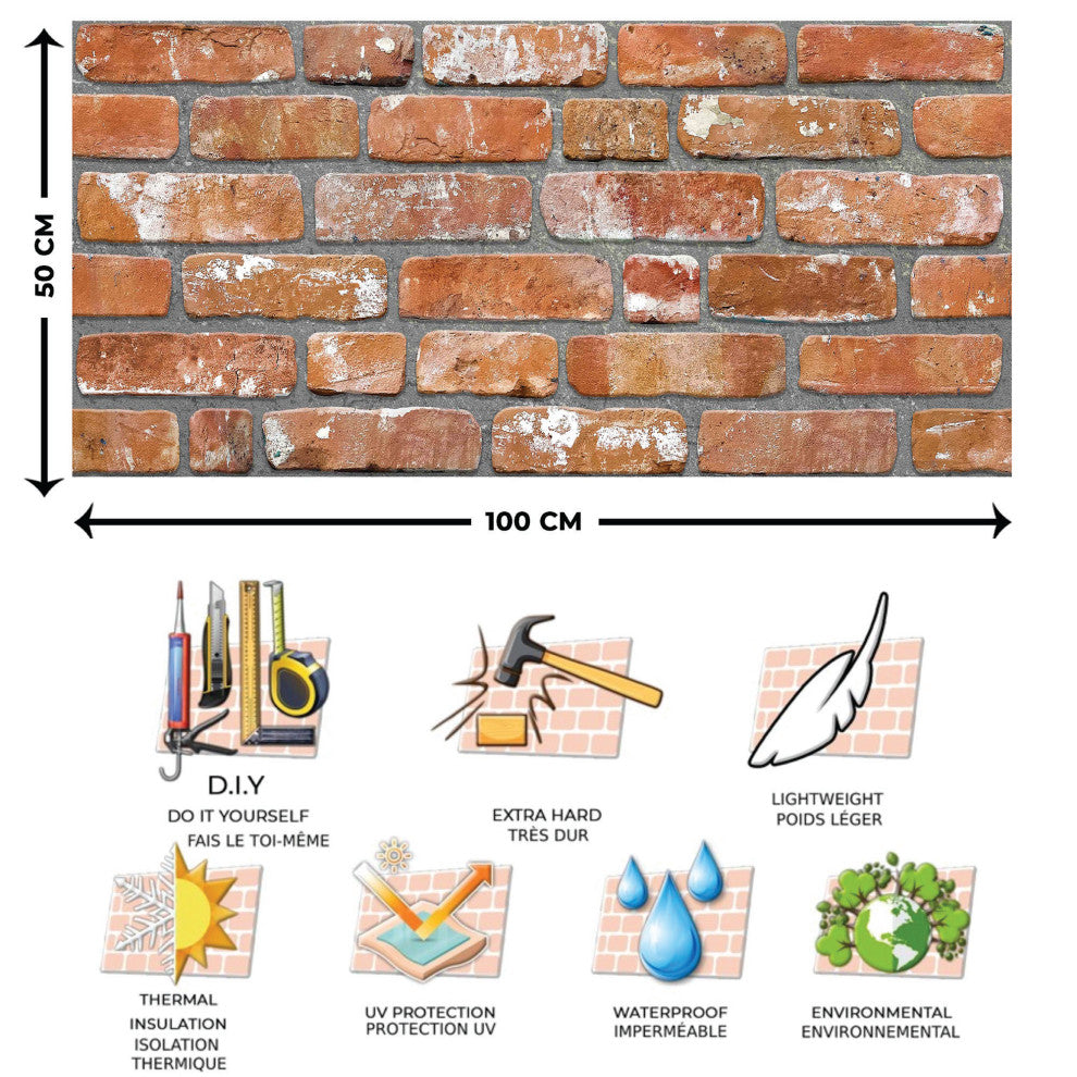 Faux Brick 3D Wall Panels, Red Orange, Set of 10, Covers 54 sq ft