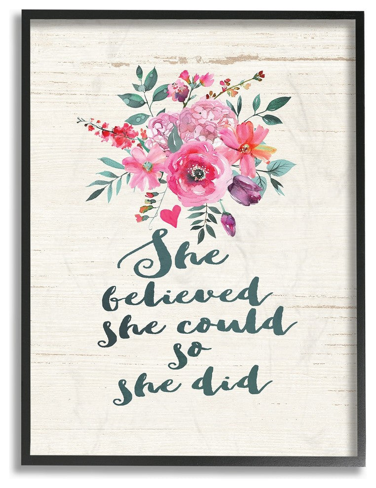 She Believed Pink & Blue Flowers & Wood Look Framed Giclee Art, 11"x14"