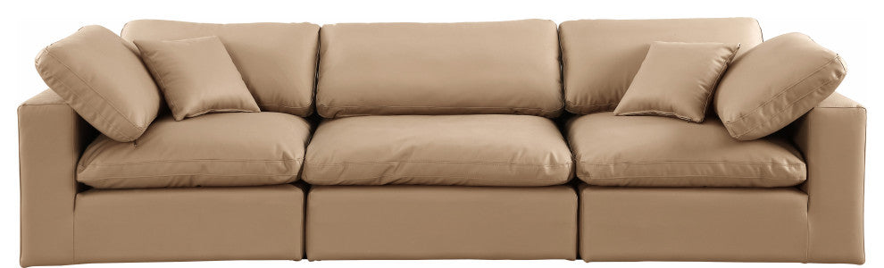 Comfy Upholstered Modular Sofa, Tan, 3-Piece: 1 Armless Chair, 2 Corner Chair, Vegan Leather