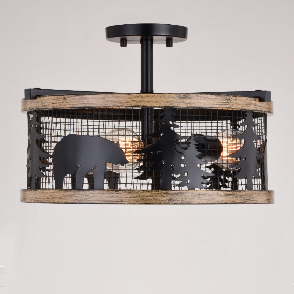 Kodiak 16" 3 Light Semi-Flush Black and Burnished Teak