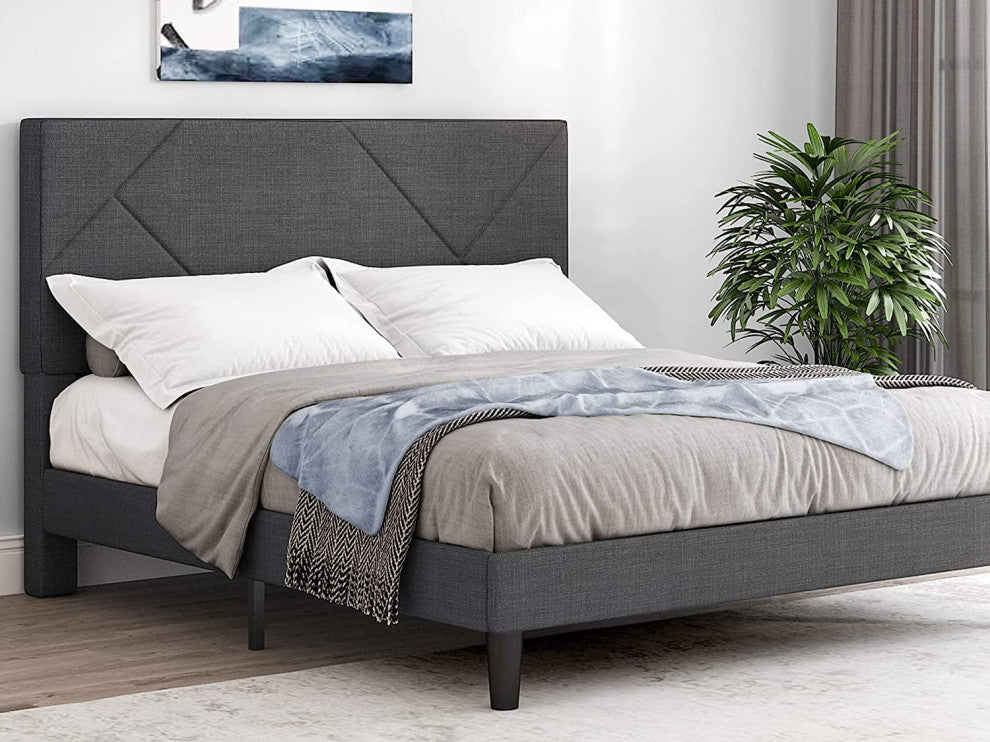 Full Size Metal Bed Frame with Geometric Upholstered Headboard