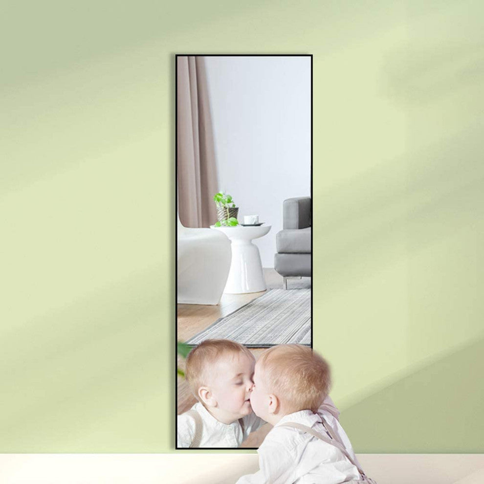 65 inch Rectangular Aluminum Framed Floor Wall Hanging Bedroom Mirror, Black, 22