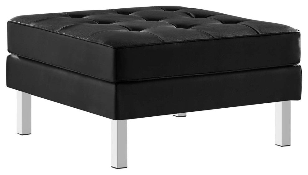 Loft Tufted Vegan Leather Sofa and Ottoman Set, Silver Black