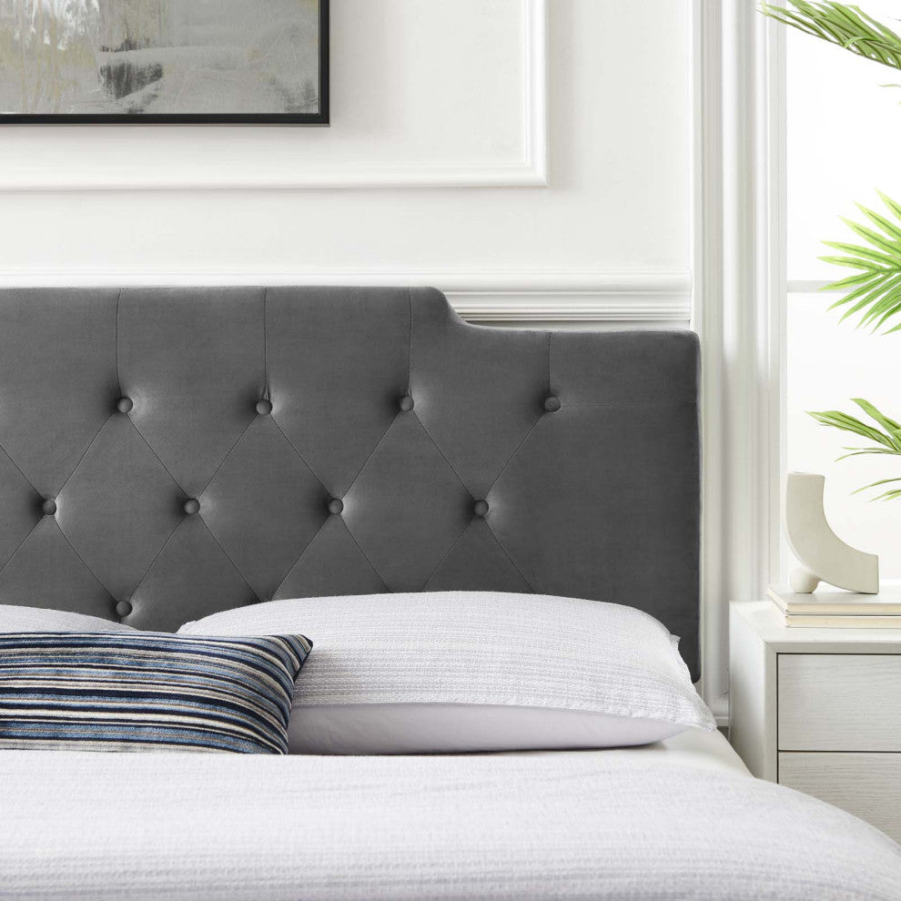 Tufted Headboard, Full Queen Size, Velvet, Dark Gray, Modern Contemporary