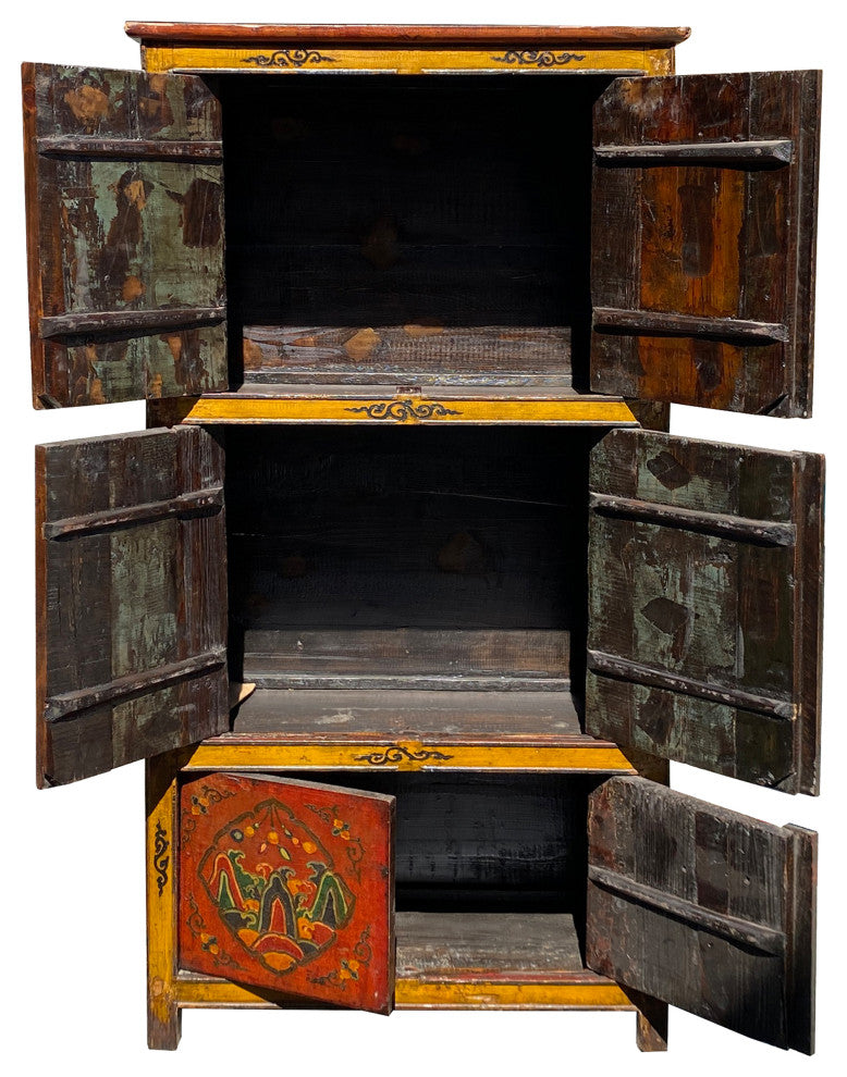 Vintage Chinese Tibetan Jewel Flower Graphic Tall Storage Cabinet Hcs7354