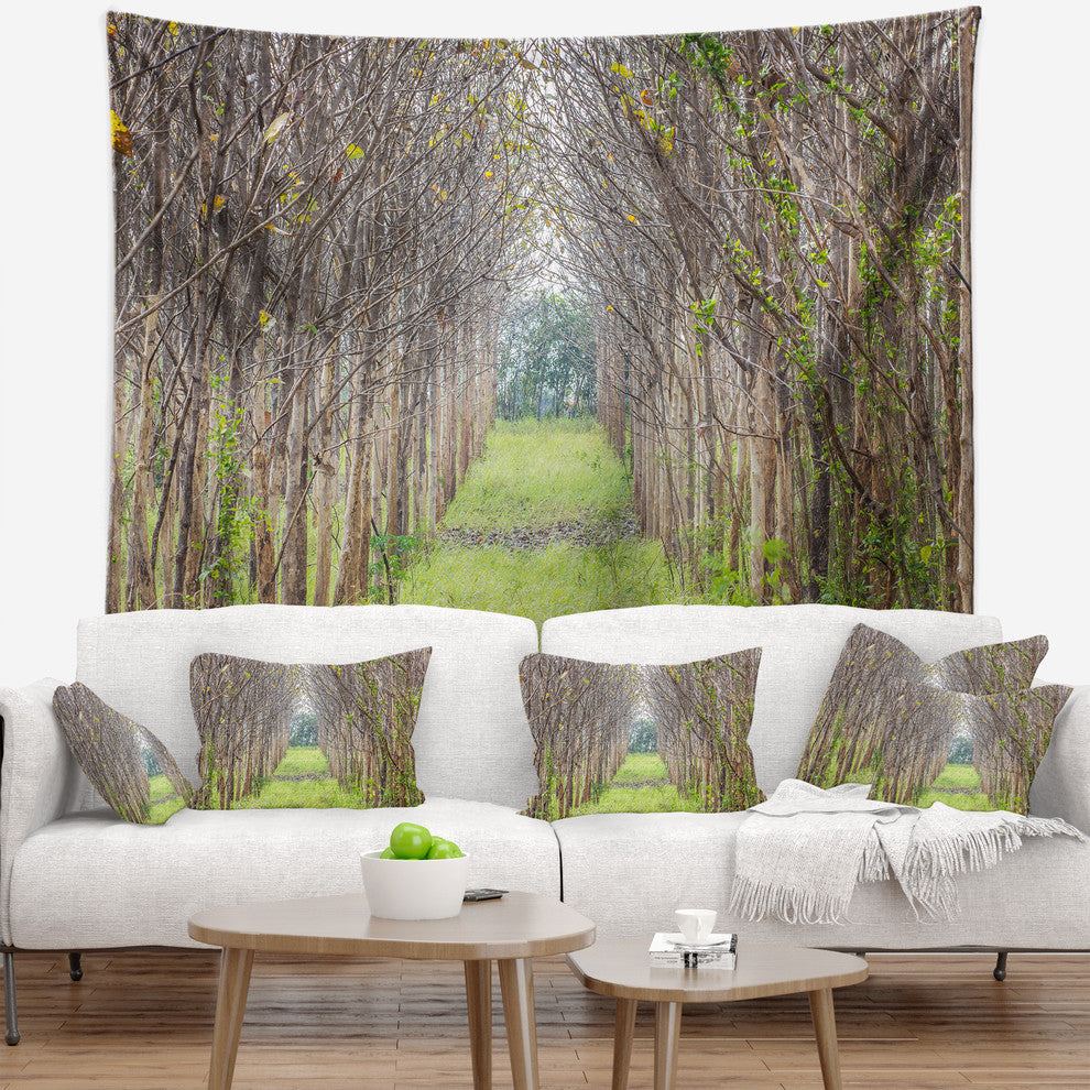 Pathway Through Fall Green Trees Landscape Photography Wall Tapestry, 39"x32"