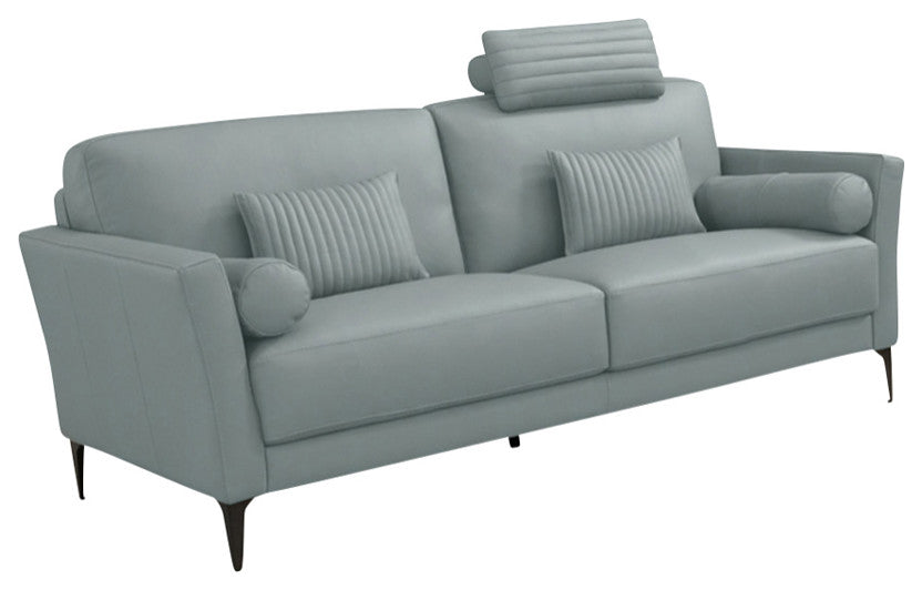 Leather Upholstered Loveseat With Five Pillows, Watery