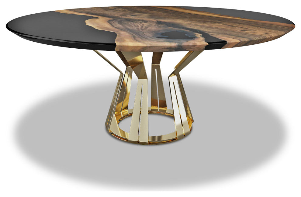 Atalante Walnut Round Table, Black Top & Gold Base, 10 Seater